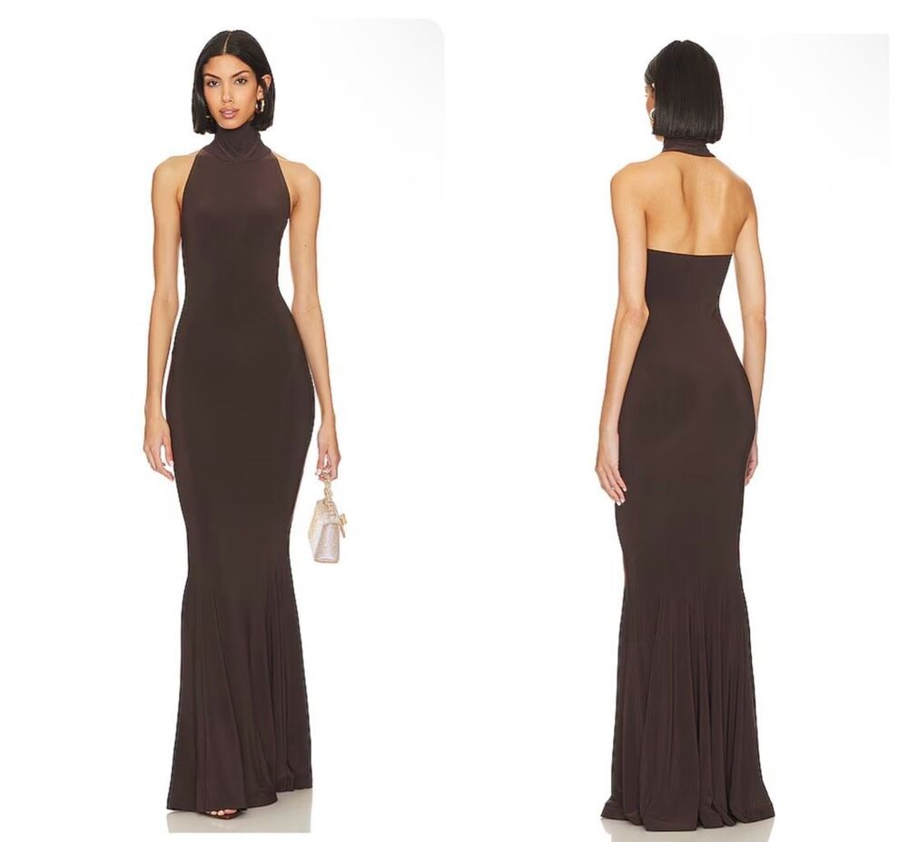 NWT Norma Kamali Halter Turtle Fishtail Gown in Chocolate Size XS $195